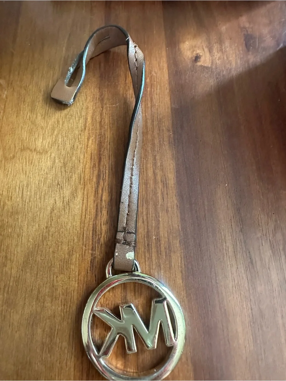 Michael Kors Brown Leather Strap Keyring with Gold MK Emblem and Red Inset
